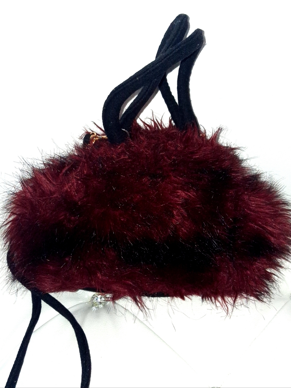 Red Fluffy Furry Bag Round Small Fur Crossbody Handle Zipper Gold Vintage